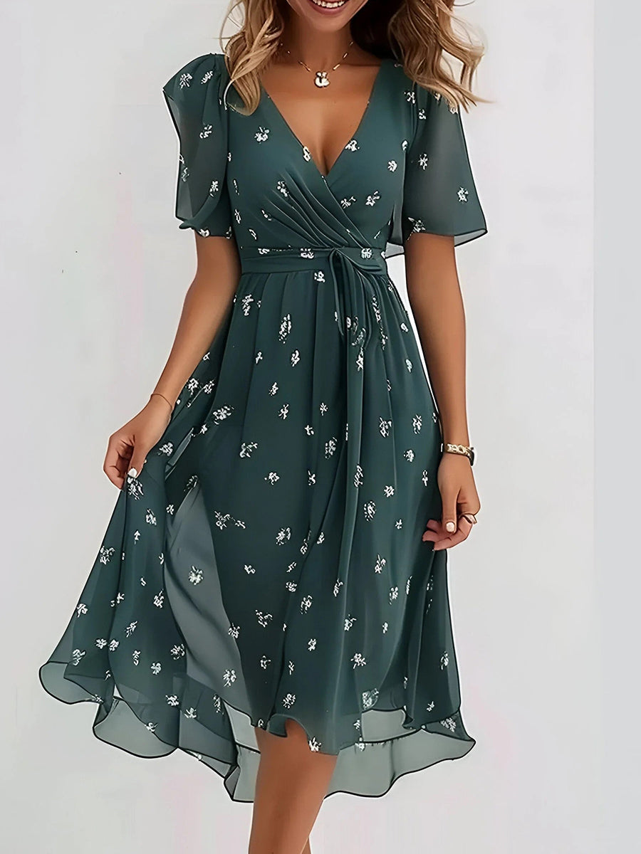 Sage | Elegant Floral V-Neck Short Sleeve Midi Dress