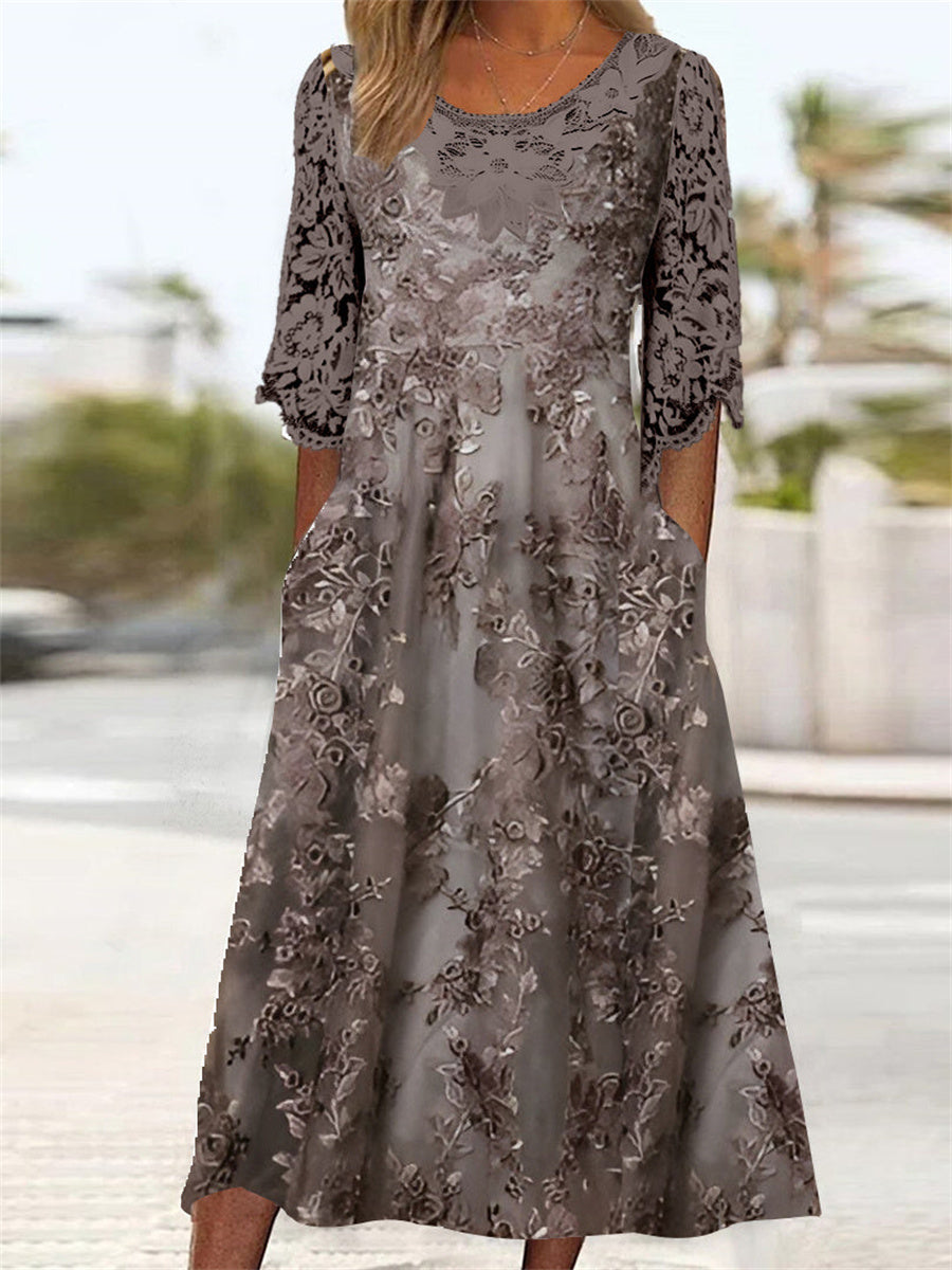 Frankie | Graphic Print Lace Stitch Round Neck Midi Dress