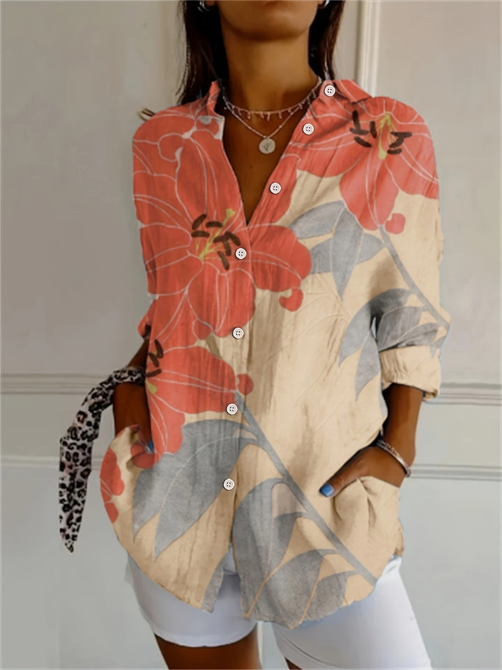 Amber | Retro Geometric Floral V-Neck Long Sleeve Blouse