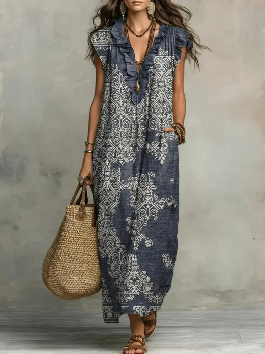 Skylar | Retro Art Print V-Neck Sleeveless Casual Dress