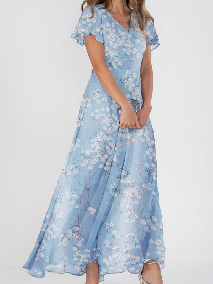 Greta | Elegant Floral V-Neck Short Sleeve Maxi Dress