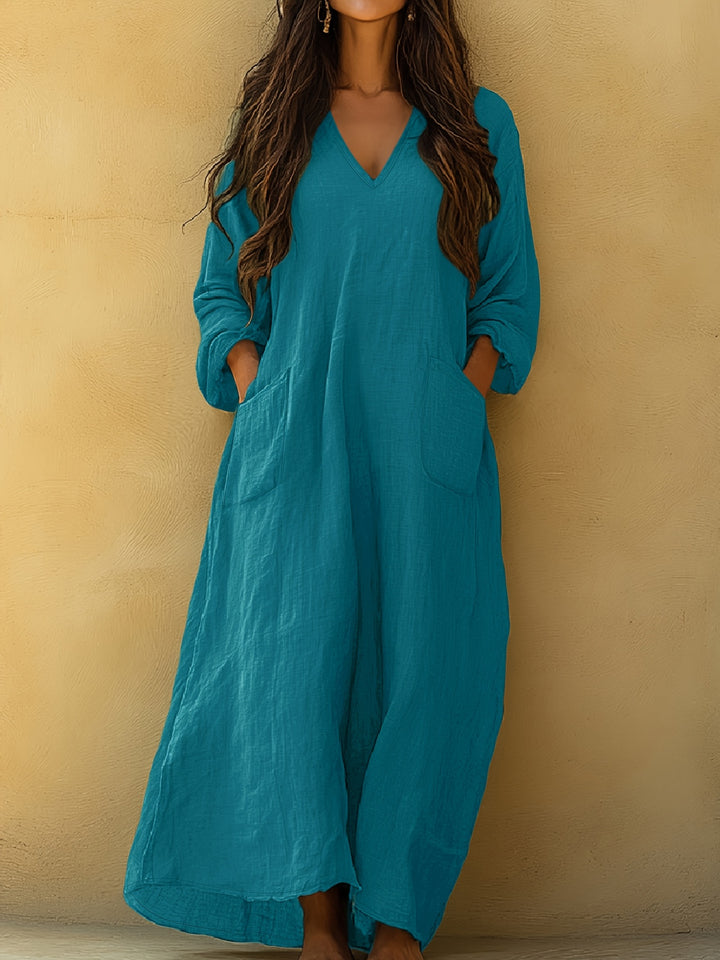 Neve™ - Solid V-Neck Long Dress
