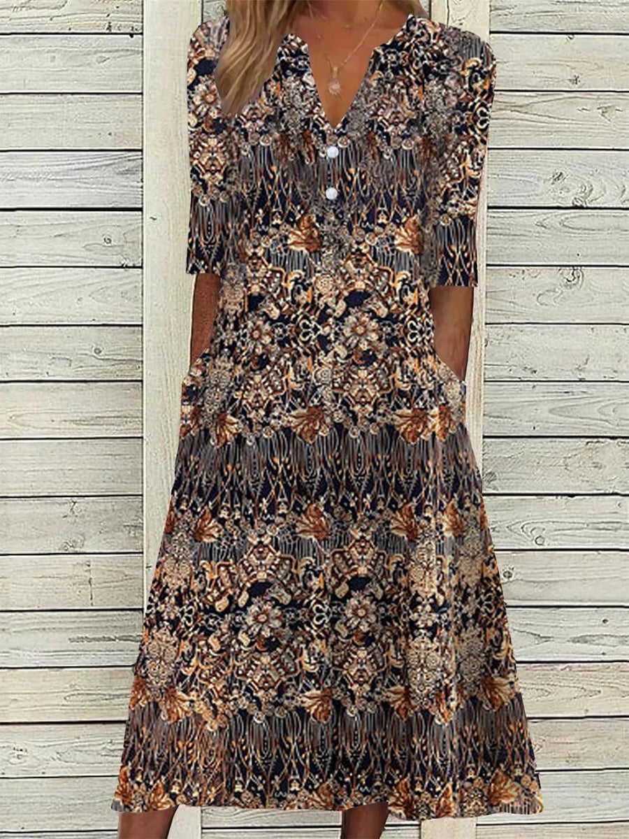Rosie | Vintage Floral Button-Front Midi Dress with Pockets