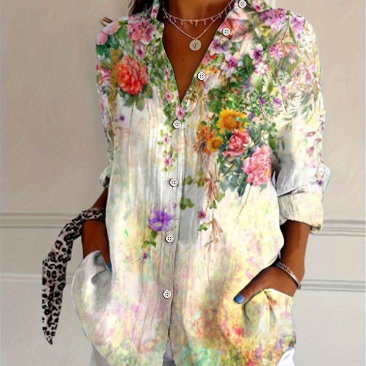 Ivory | Floral V-Neck Long Sleeve Blouse