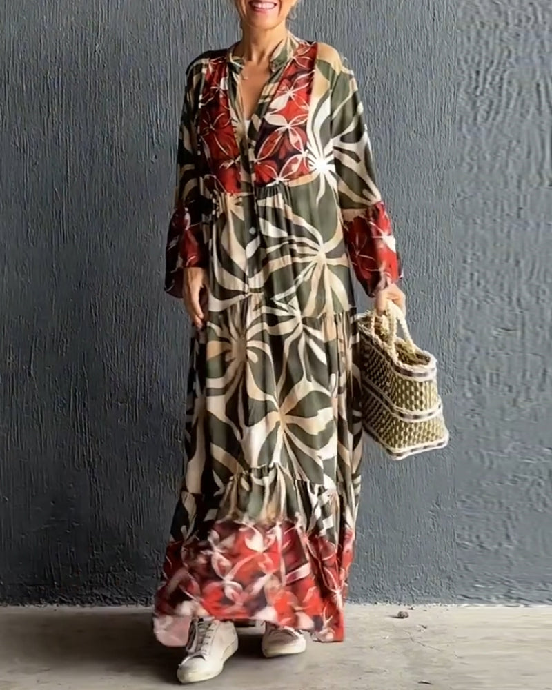 Casual, flowy vacation dress with a colorful print.