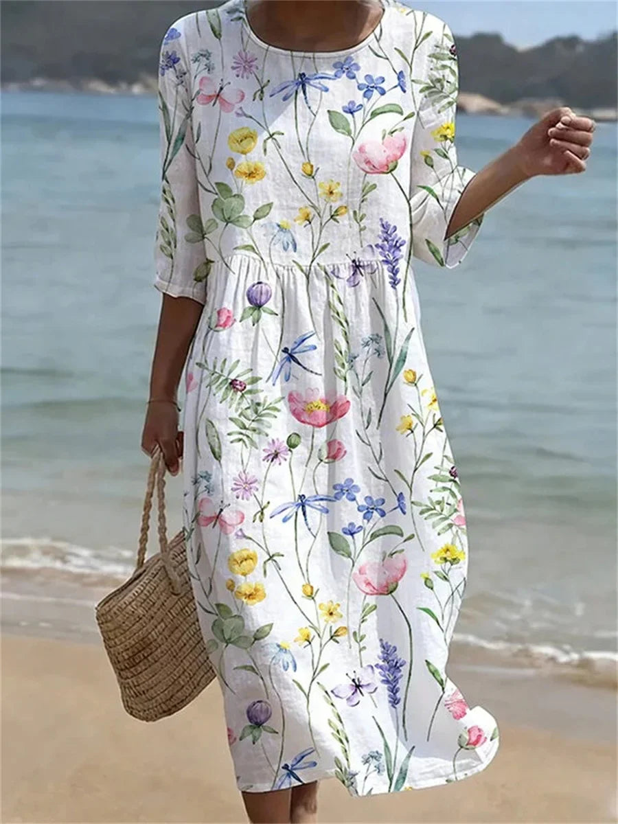Clover | Casual Floral Round Neck 3/4 Sleeve Dress