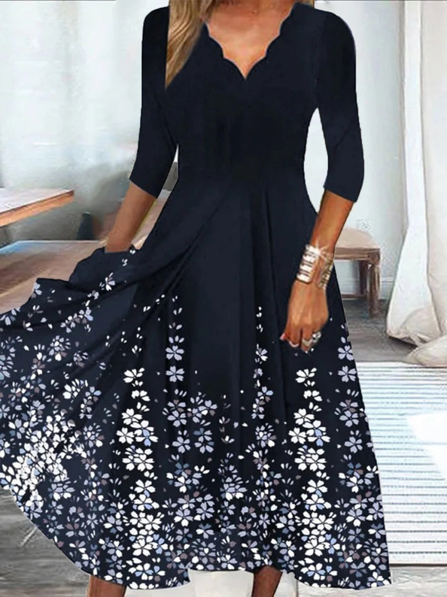 Scallop | Floral Scalloped V-Neck 3/4 Sleeve Midi Dress