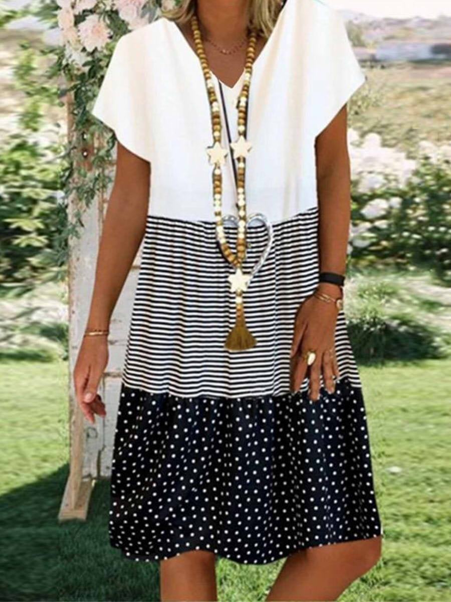 Dotty | Stripe Polka Dot V-Neck Short Sleeve Dress