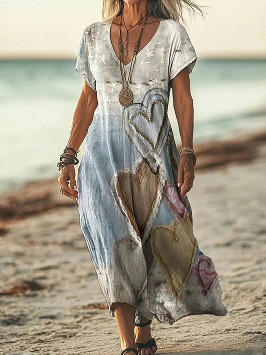 Faye | Vintage Heart Print V-Neck Short Sleeve Dress