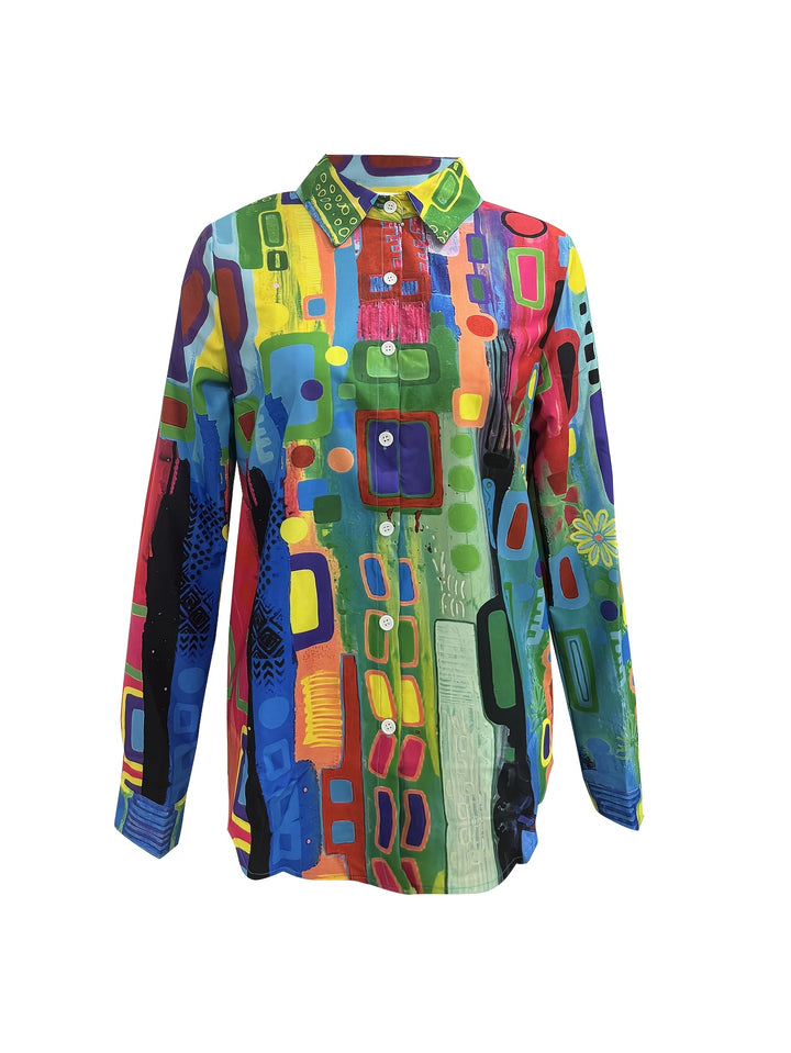 Geo | Geometric Print Button-Front Long Sleeve Blouse