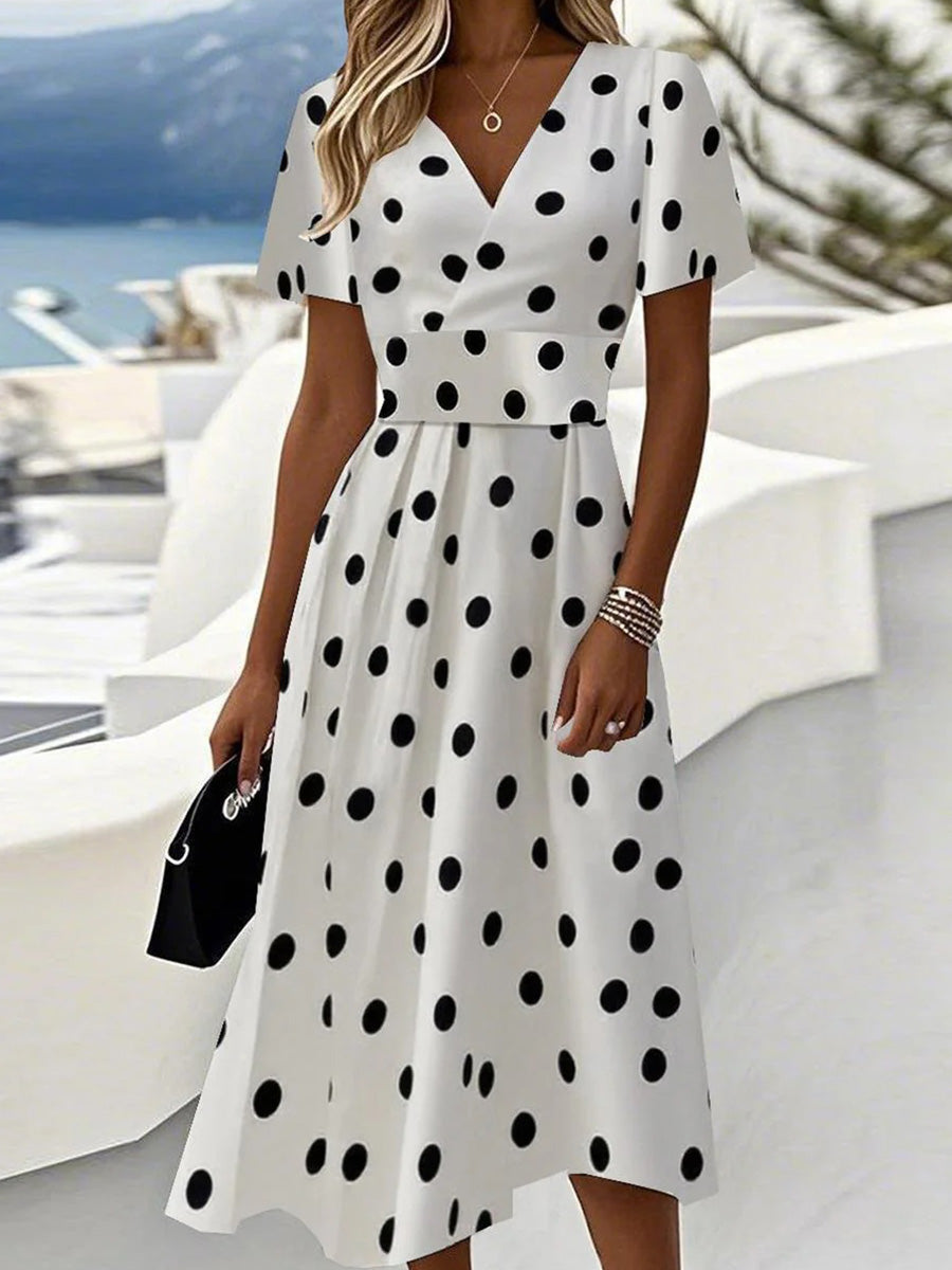 Dots | Polka Dot V-Neck Short Sleeve Midi Dress