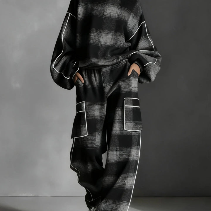 Red-Grey Plaid Contrast Sweatsuit Set