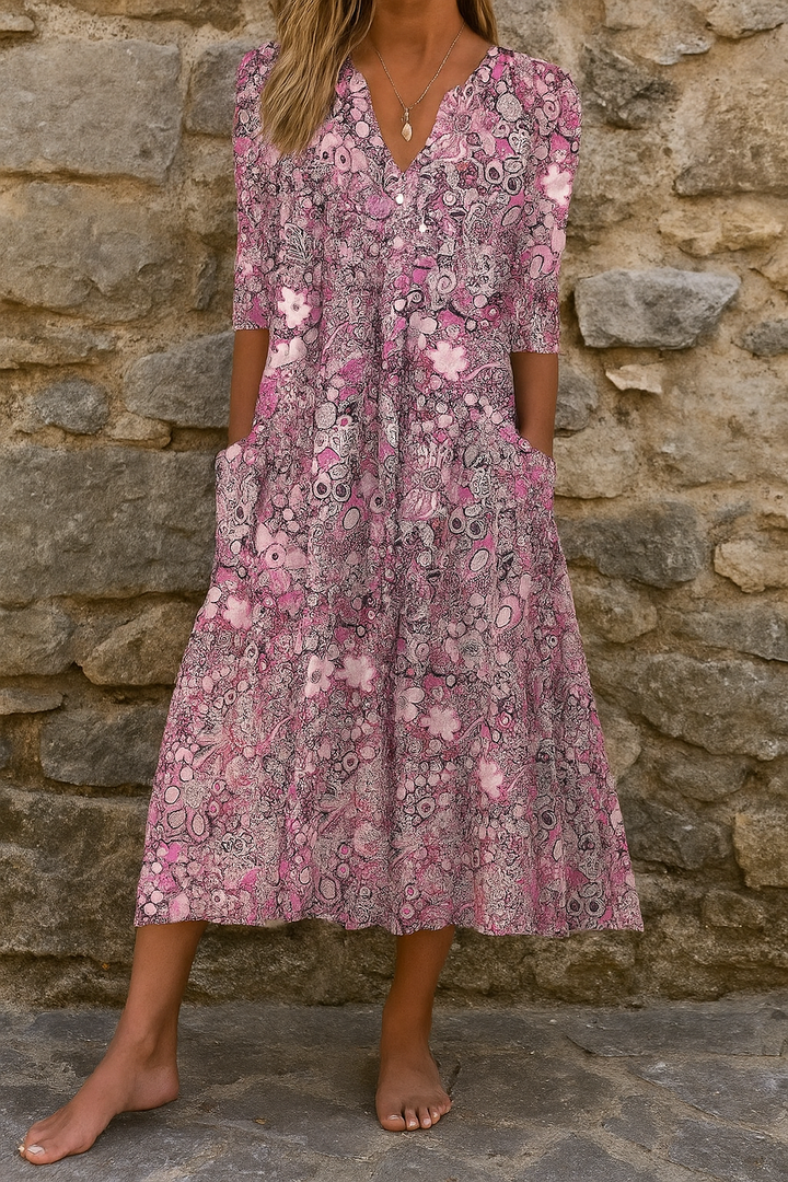 Eliskaa – Elegant Floral Dress with V-Neck