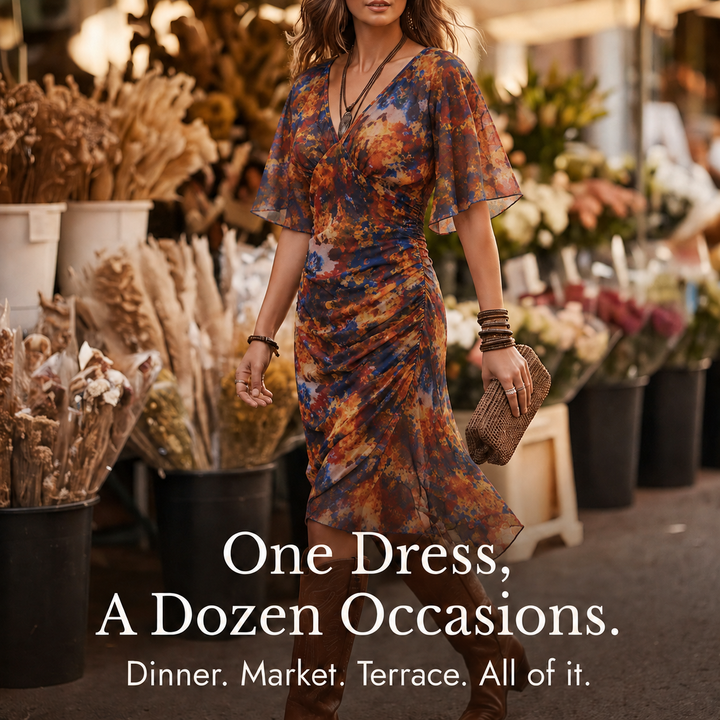 Elowen™ – Watercolor Ruched Midi Dress