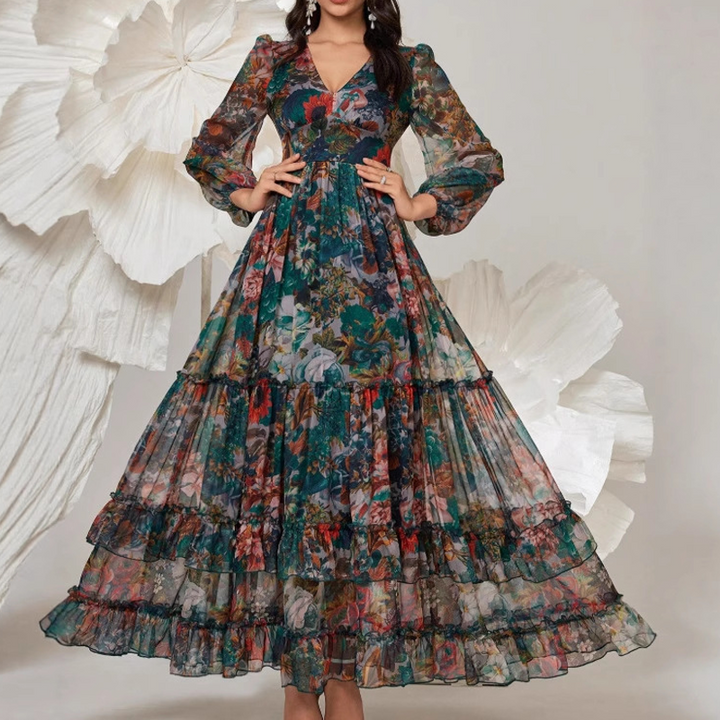 Floressa™ – Tiered Floral Maxi Dress with Lantern Sleeves