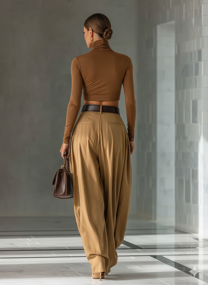 Women's Blended Brown Top And Wide-leg Pants Set