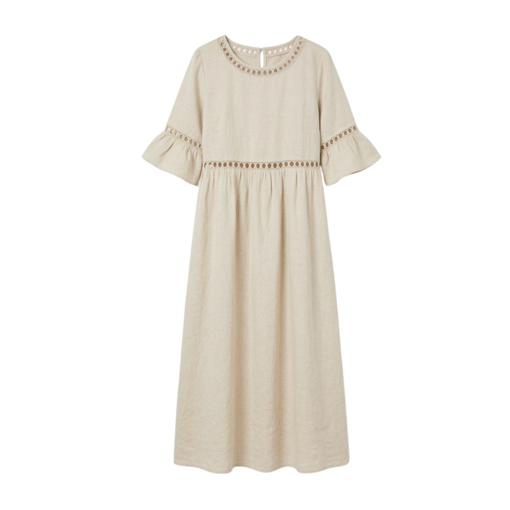 Solenne™ – Breathable Cotton Linen Lace Midi Dress