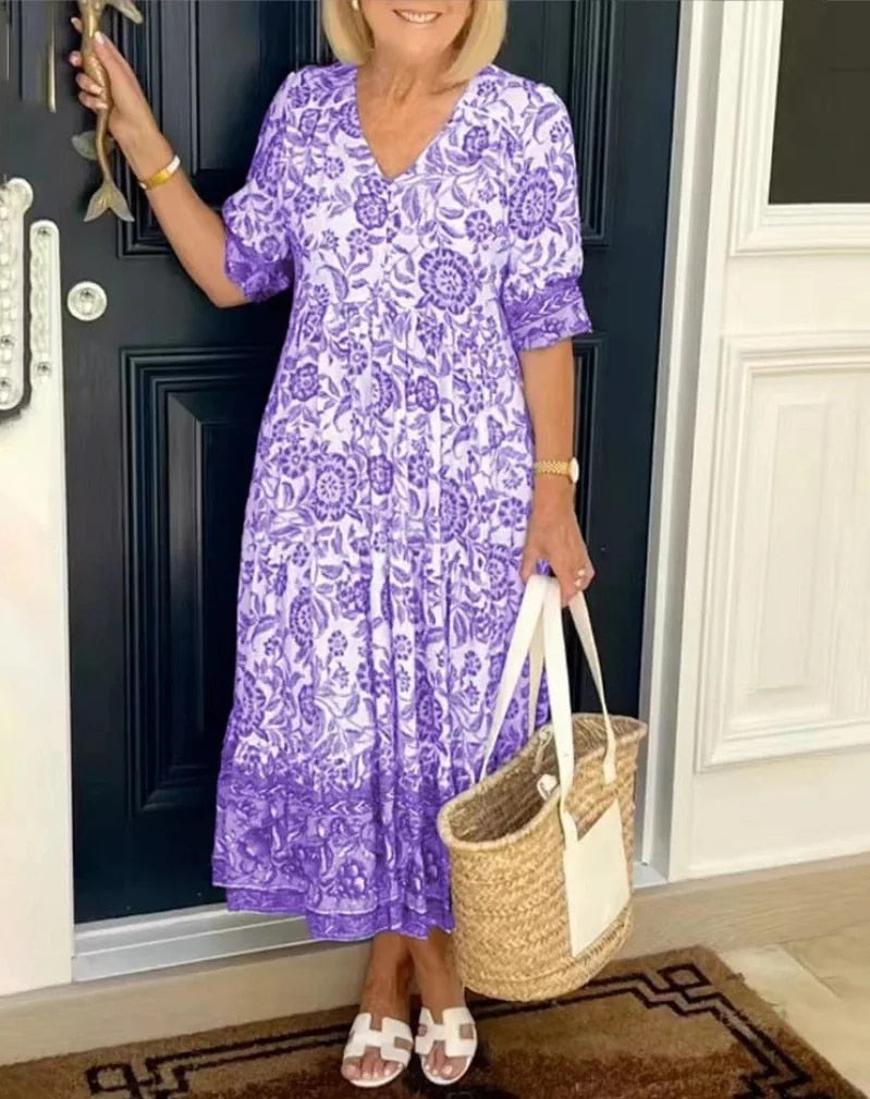 Aria™ | Elegant Floral Dress with V-Neck