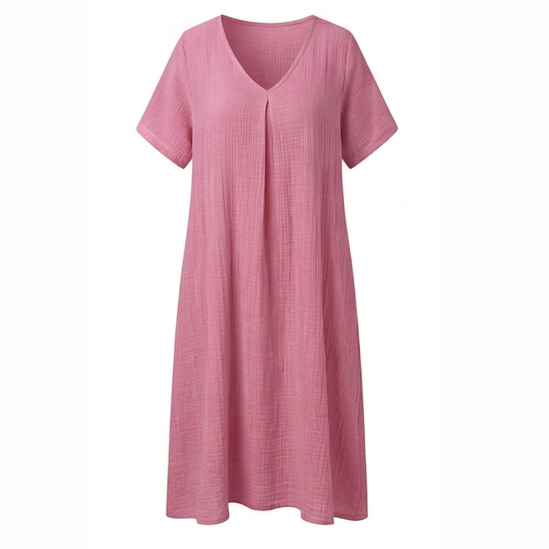 Linara™ – Breezy Cotton Linen V Neck Dress