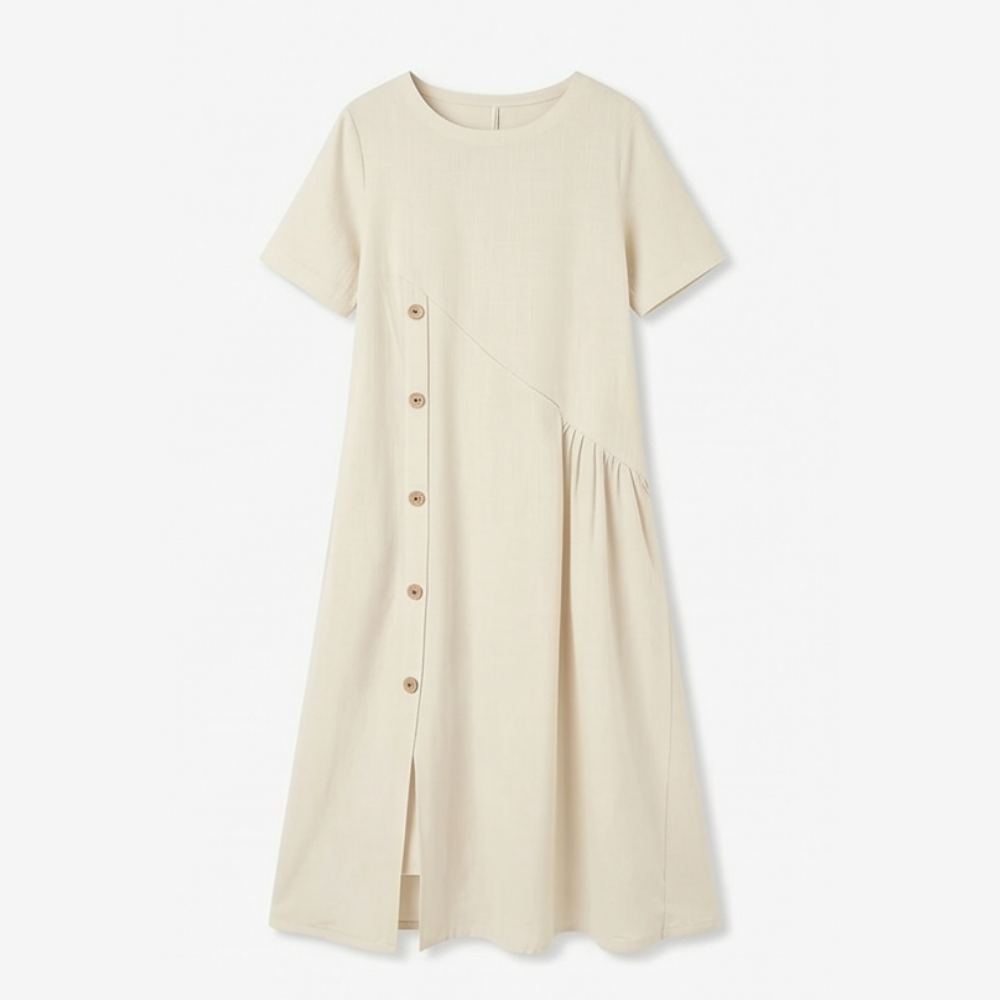 Lunavia™ – Cotton-Linen Asymmetric Button Midi Dress