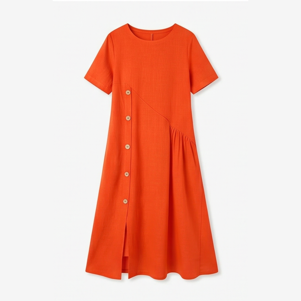 Lunavia™ – Cotton-Linen Asymmetric Button Midi Dress