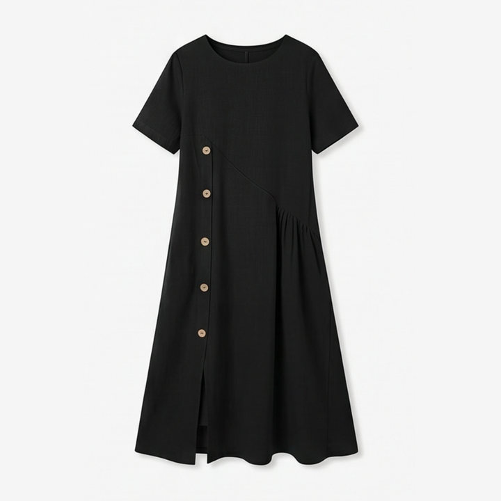 Lunavia™ – Cotton-Linen Asymmetric Button Midi Dress