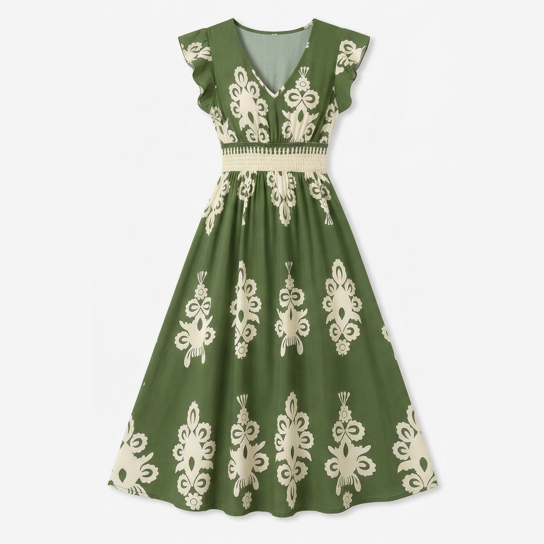 Vivara™ – Baroque Print Flutter Sleeve Maxi Dress