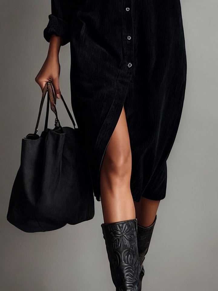 Black Loose Corduroy Double Chest Pocket Single Breasted Midi Dress