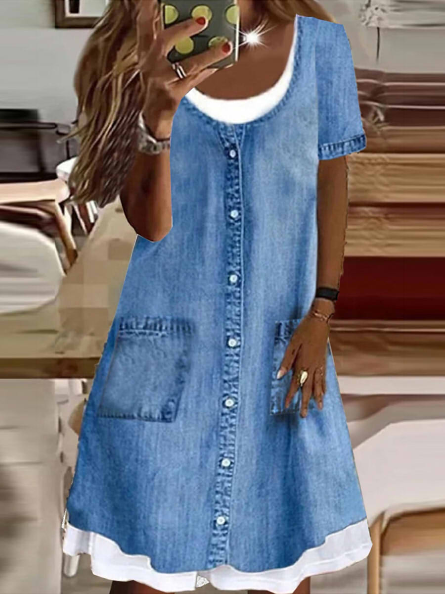 Indie | Casual Denim Button-Down Round Neck Midi Dress