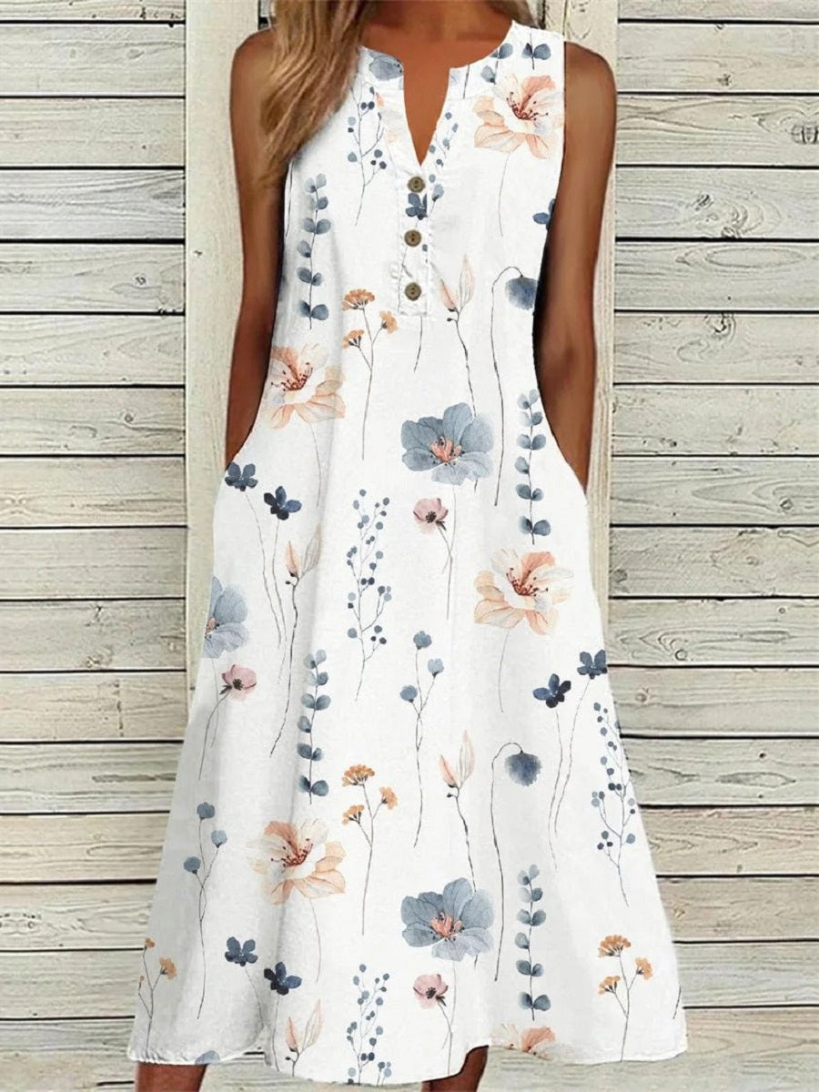 Wren | Floral Button-Front Sleeveless A-Line Midi Dress