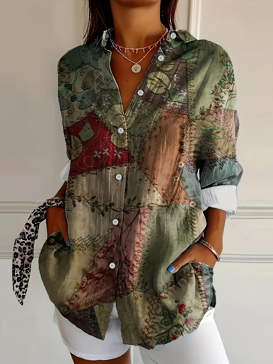 Artsy | Vintage Graphic V-Neck Long Sleeve Top
