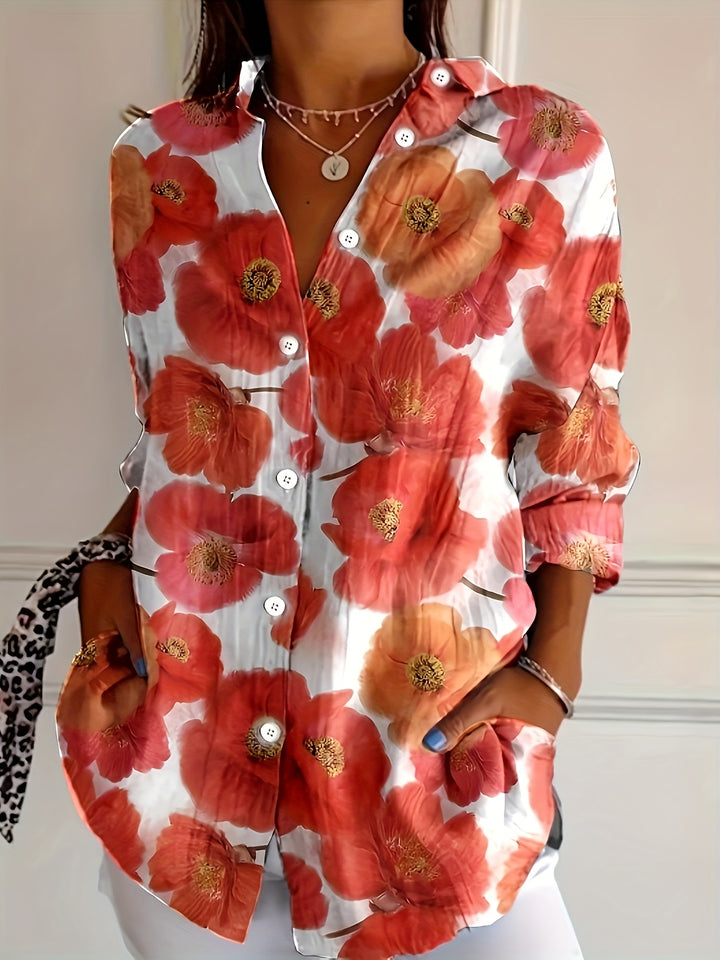 Ruby | Red Floral Button-Front Plus Size Blouse