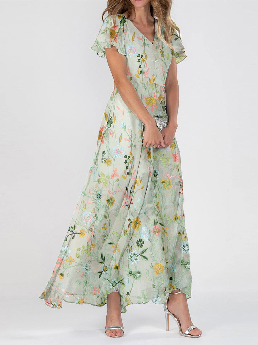 Celina | Floral Chiffon Flutter Sleeve Maxi Dress