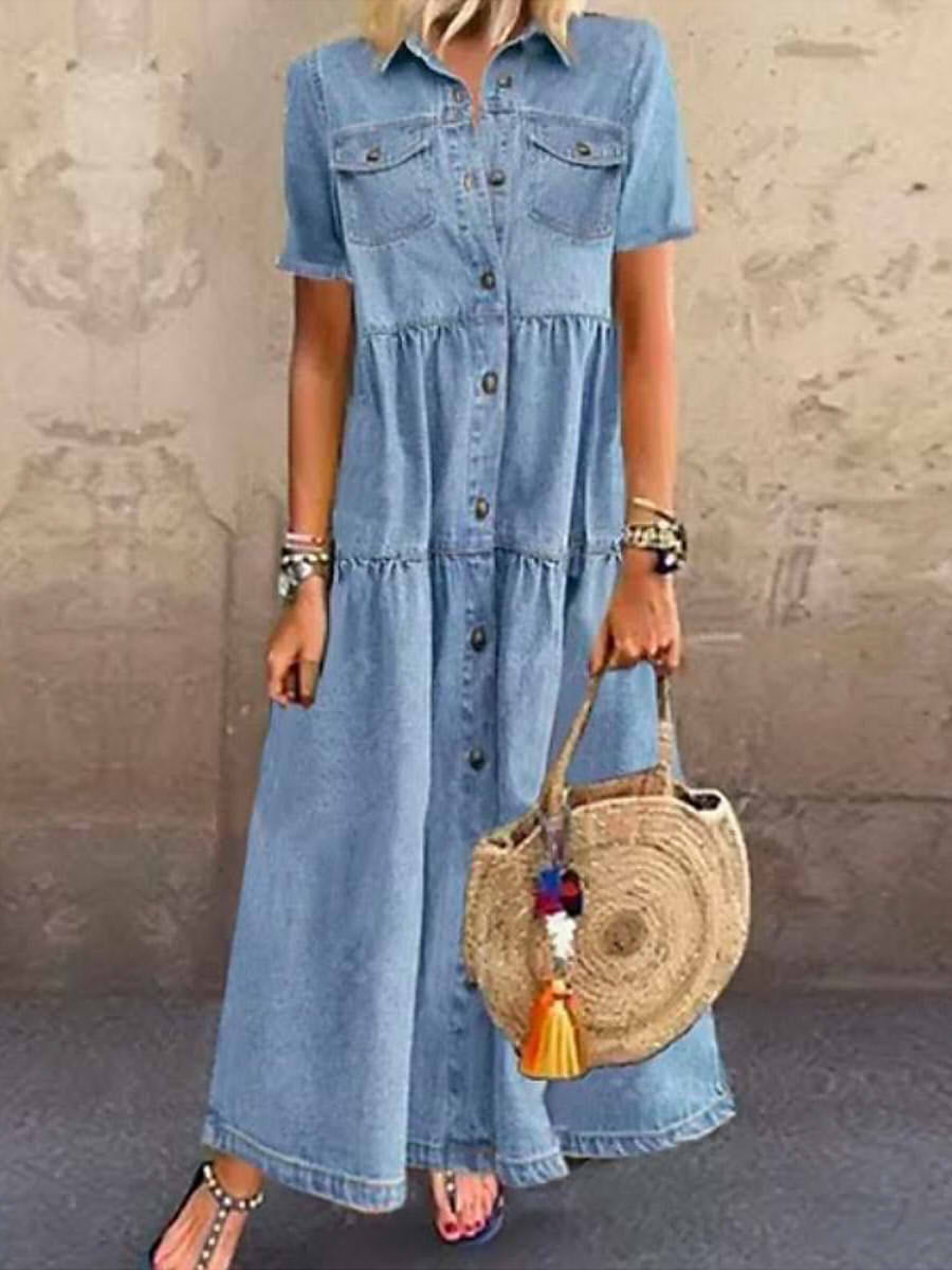 Denver | Denim Button-Down Maxi Dress with Pockets