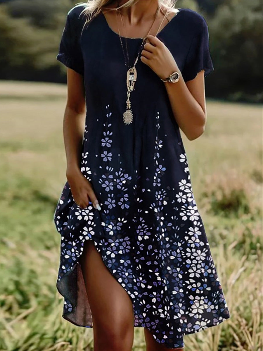 Stella | Navy Floral Round Neck Short Sleeve Midi Dress