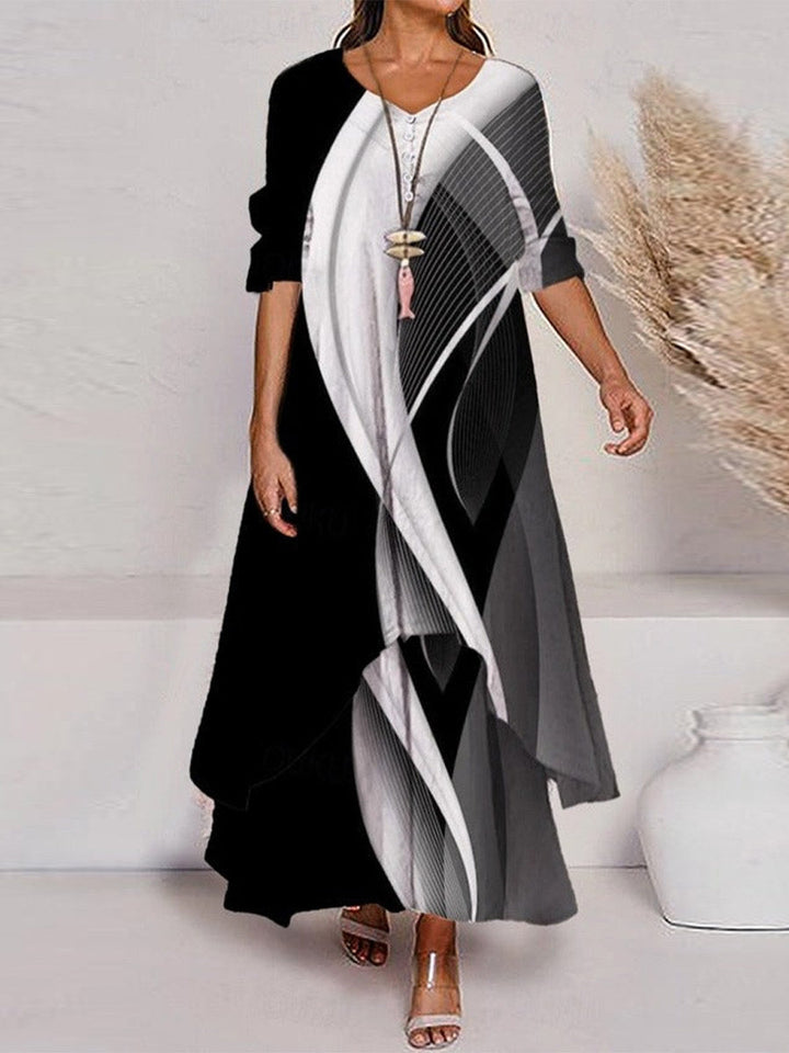 Geo | Color Block Crew Neck 3/4 Sleeve Maxi Dress