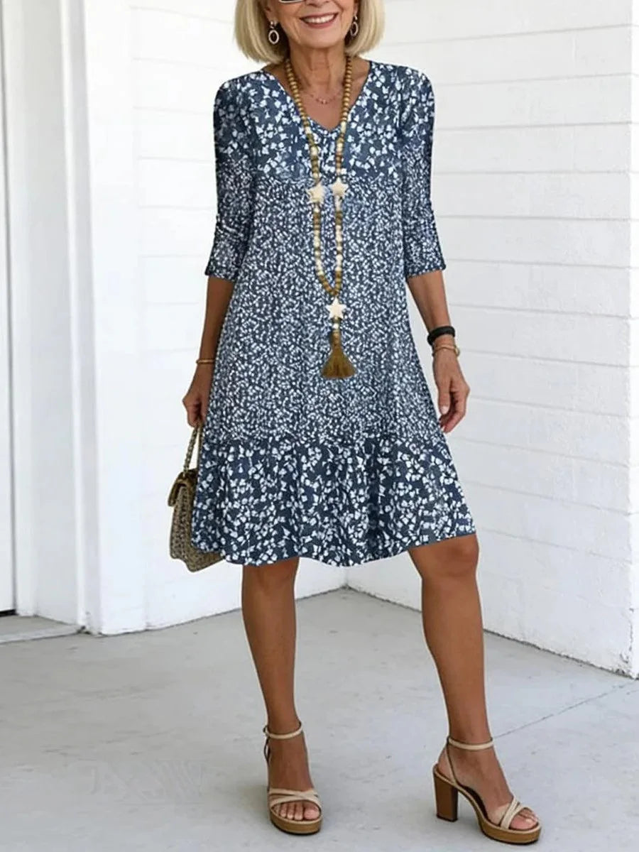 Blue Floral Print V-Neck 3/4 Sleeve Ruffle Hem Dress