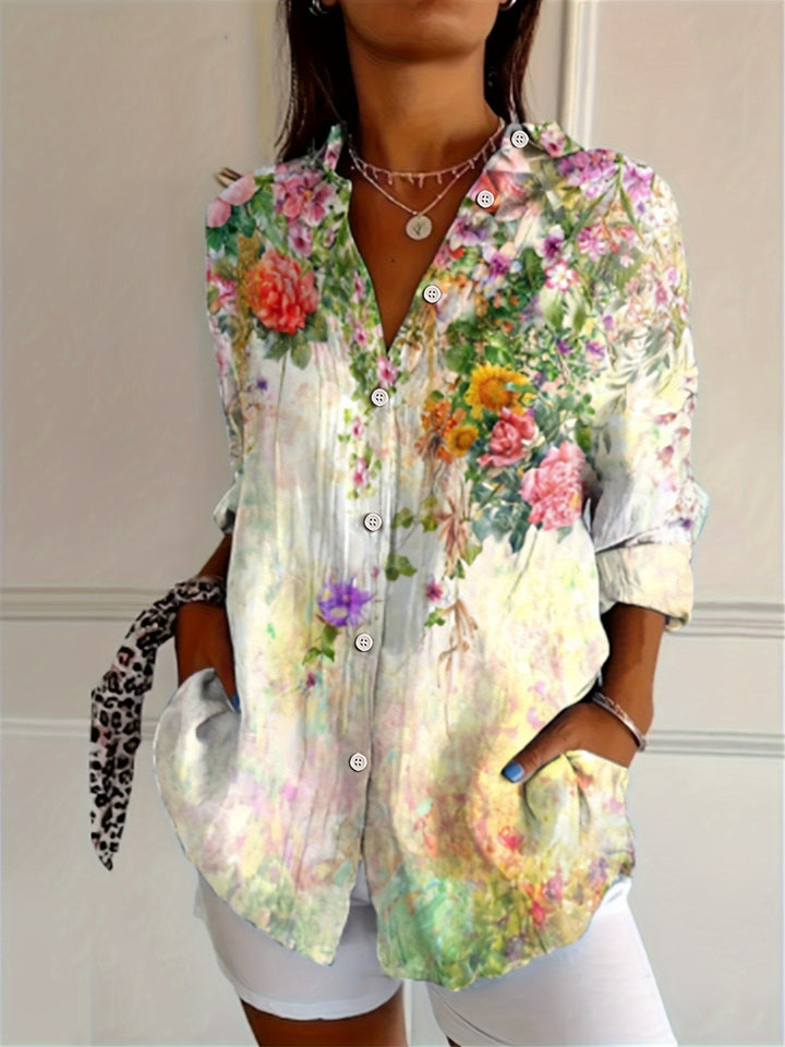 Ivory | Floral V-Neck Long Sleeve Blouse