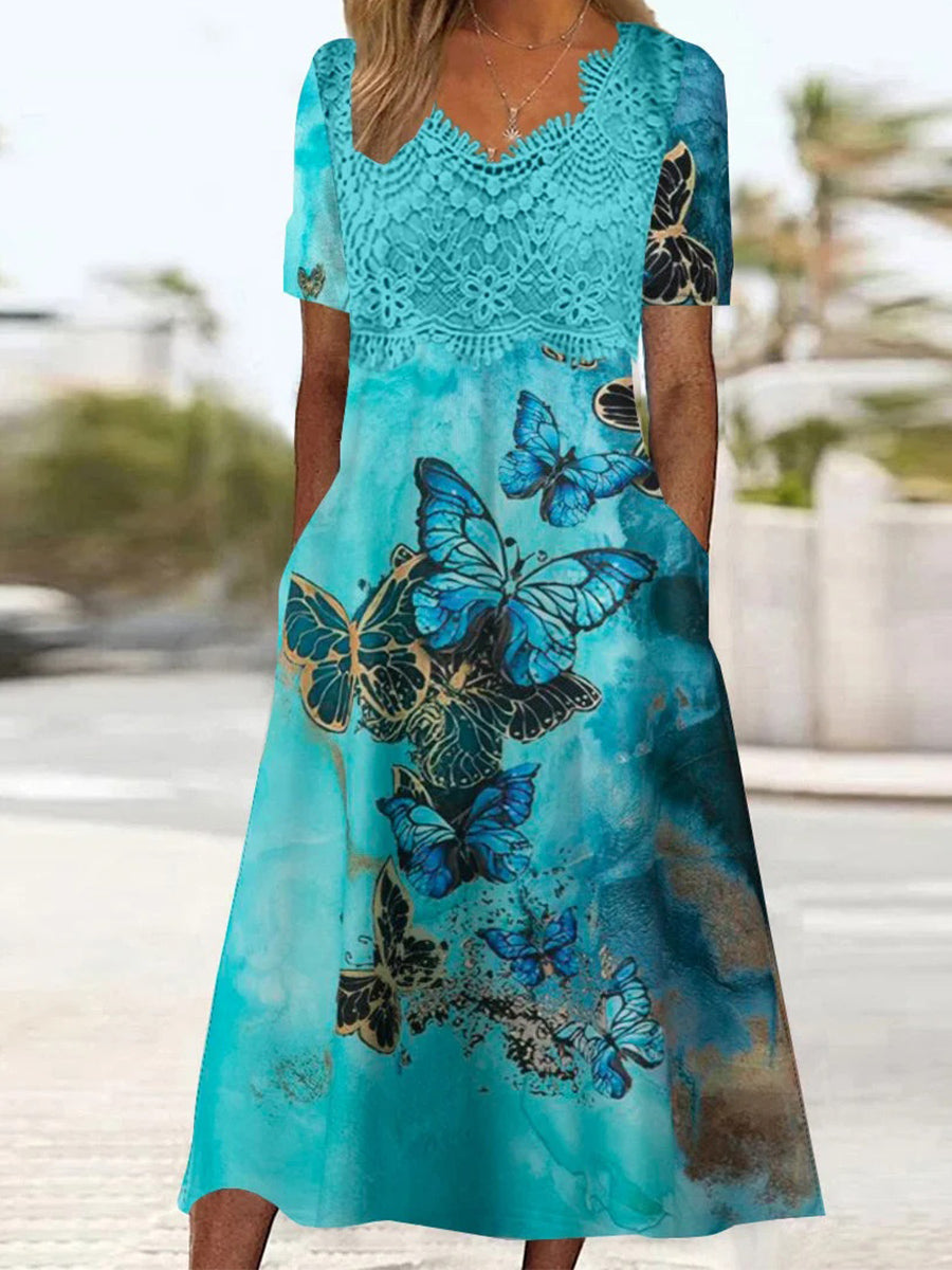 Celine | Graphic Print Lace Stitch V-Neck Midi Dress
