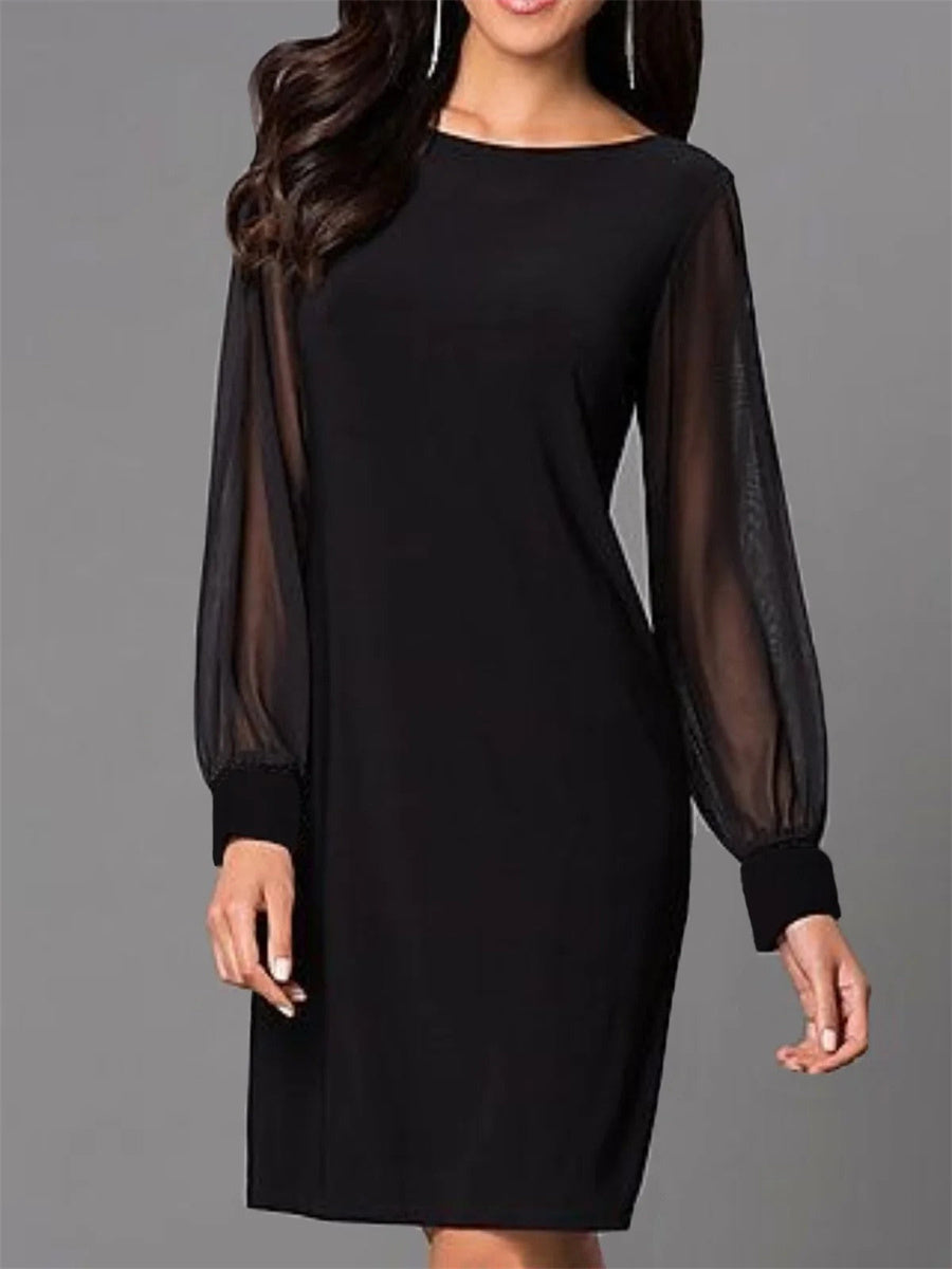Noir | Solid Black Round Neck Long Sleeve Dress