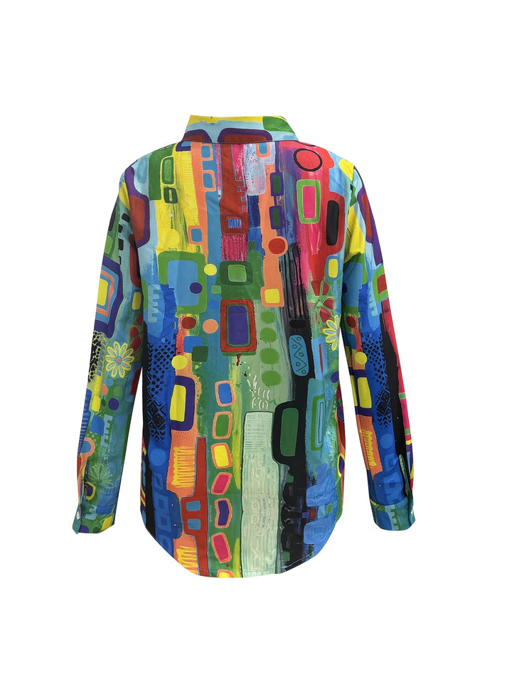 Geo | Geometric Print Button-Front Long Sleeve Blouse