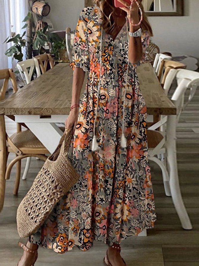 Marigold | Multicolor Floral V-Neck Short Sleeve Dress