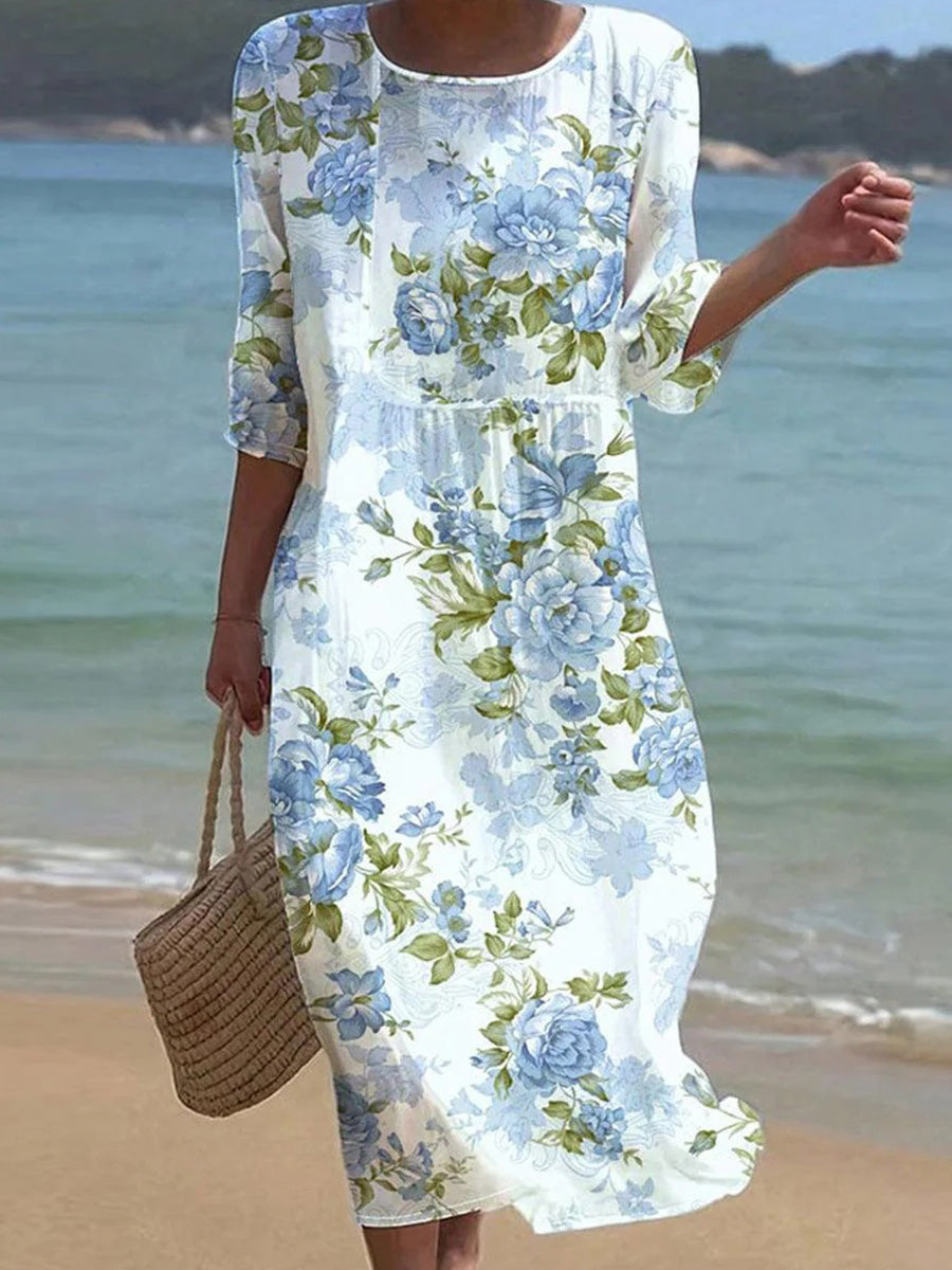 Breezy | Round Neck 3/4 Sleeve Casual Midi Dress
