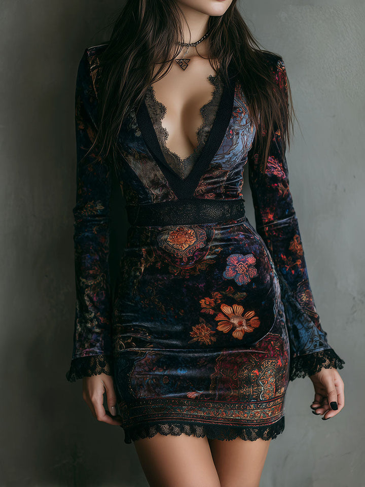Boho Floral Print V-Neck Velvet Bodycon Mini Dress With Lace Trim