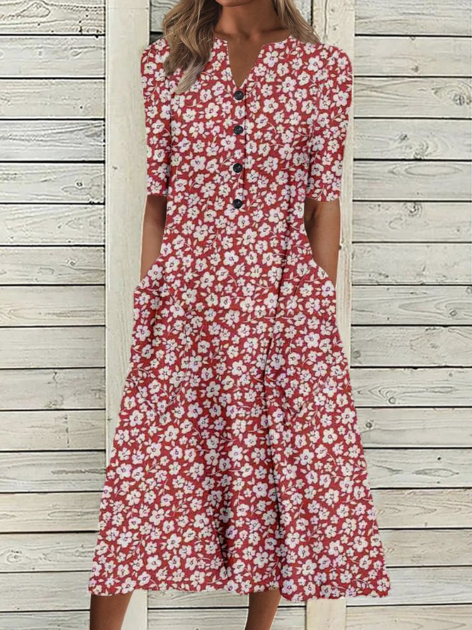 Rosalind | Floral Button-Front Midi Dress with Pockets