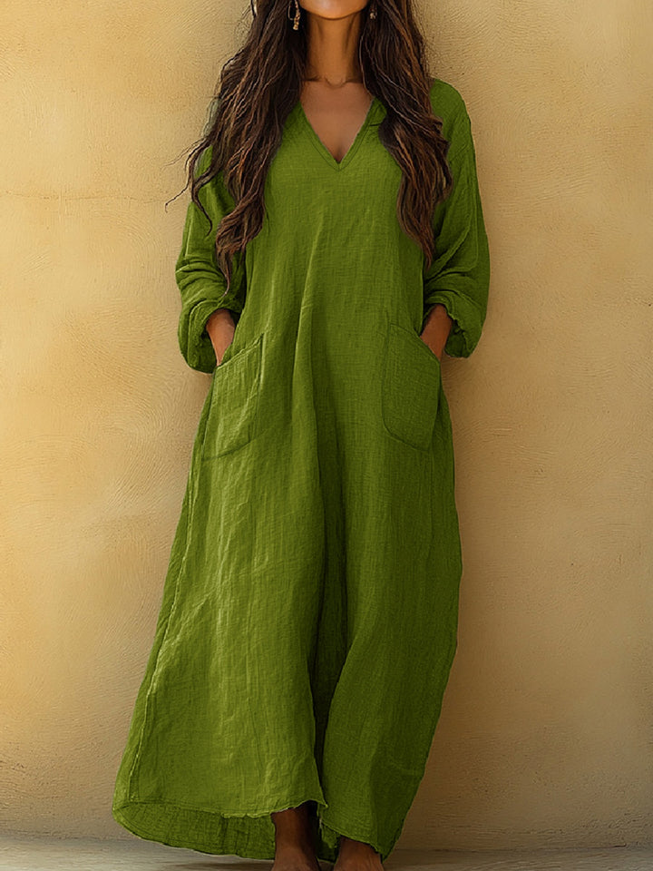 Neve™ - Solid V-Neck Long Dress