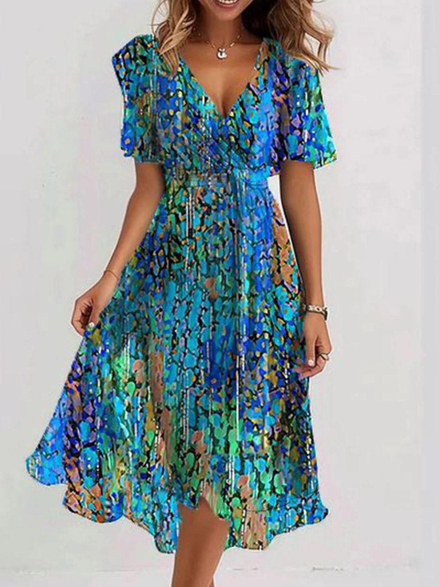Lena | Blue Printed Flowy V-Neck Midi Dress