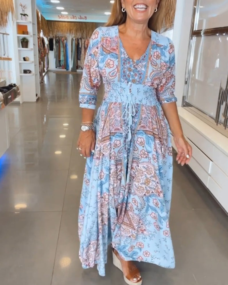 V-Neck Vacation Dress with 3/4 Sleeves – Lightweight, Stylish Summer Dress for Vacation