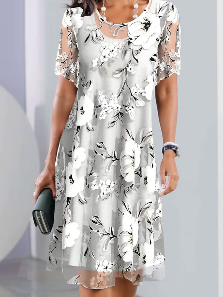 Jade | Floral Mesh Sleeve A-Line Midi Dress