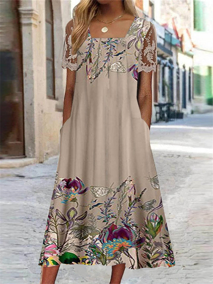 Cleo | Floral Lace Stitch Square Neck Midi Dress